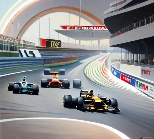 Prompt: stunning oil painting of a Formula One Car driving on racing circuit in monaco, sunset, retrofuturism poster style, inspired by Vincent Guerra, dynamic lighting, modern formula one car with 