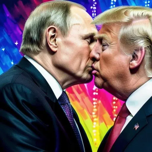 Prompt: A sensual gay kiss between russian president Vladimir Putin and Donald Trump, shirtless, Dmitri Vrubel style, graffiti wall, rainbow lights background, trending on artstation, 65k, UHD, art masterpiece. Rainbow lights background, LGBT aesthetic,  trending on artstation, 65k