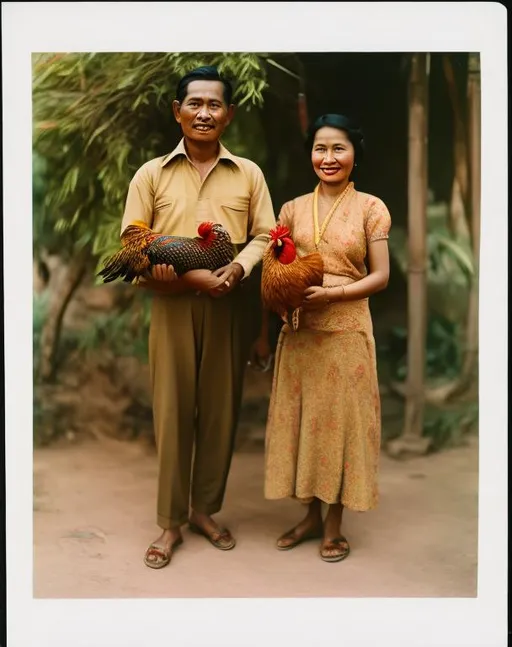 Prompt: A Javanese couple in 1940s holding a rooster.