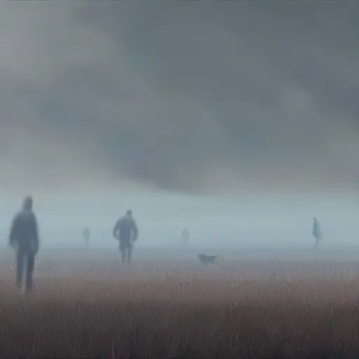 Prompt: hyperdetailed landscape painting in 8k UHD of a misty shadowed field with grey haze. smokey figures in the mist. style of Nick Gindraux. masterpiece. trending on artstation.