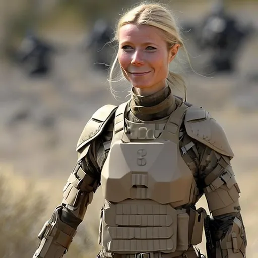 Prompt: gwyneth paltrow, tan body armor, military soldier, short black hair
