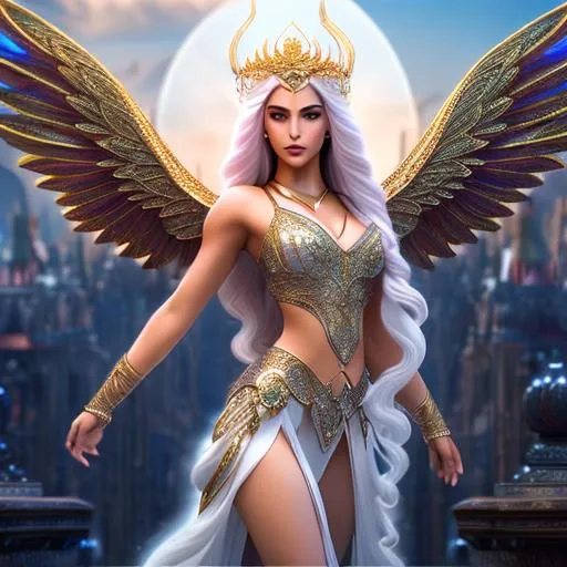 Prompt: Gorgeous, stunning, beautiful, otherworldly toned muscular angelic aasimar goddess with long braided hair wearing ancient fantasy clothing, elegant posing, full body, centered, fantasy setting, character concept, cinematic, colorful background, concept art, dramatic lighting, highly detailed, hyper realistic, intricate sharp details, octane render, smooth, studio lighting, trending on art station, 8k, HDR, unreal engine, emotive, cgi, animated, character art, iridescent, metallic, epic fantasy, dark fantasy, 3D game