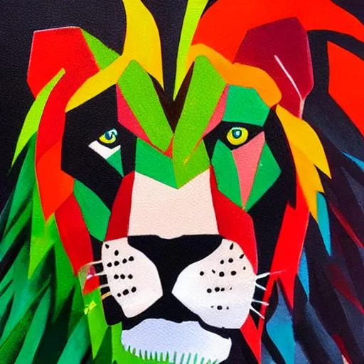 Prompt: a robot lion painted by red and green