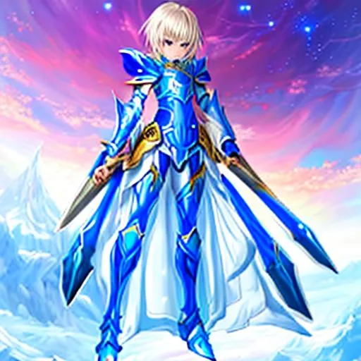Prompt: Anime, painted, (masterpiece), best quality, expressive eyes, perfect face, full body, 1girl, fourteen years old, dressed in a blue skin tight bodysuit under a set of white armor, wielding a blue tower shield, chest plate with a small blue gem in the middle, short blue hair, blue eyes, determined expression, gauntlets, greaves, armored boots,