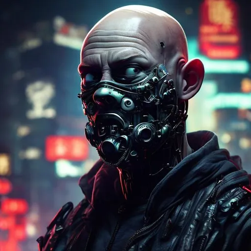 Prompt: A bald man with a ginger beard. 30yrs old. English. Fully masked. Cheeky grin. Bionic eyes and cyber enhancements. Lots of roses, Ferns and mushrooms in background. Figure is fully masked. Dark and edgy with neon accents. Cyberpunk style. Raw. Gritty. Dirty. Close up.