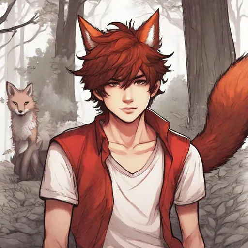 Prompt: a cute young man with fox ears and tail. He wears a white shirt and red shorts. In background a wood. Changeling the Dreaming art. Rpg art. 2d art. 2d. well draw face. Detailed. 