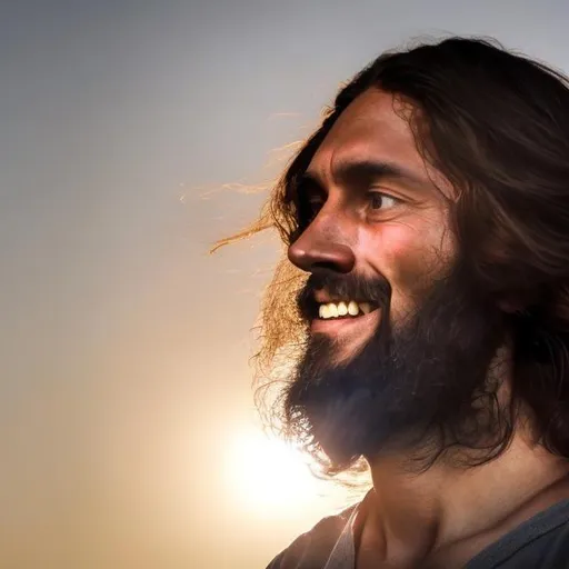 Prompt: A realistic, close-up photo, of a man who resembles Jesus, very happily smiling, silhouetted by the sun.