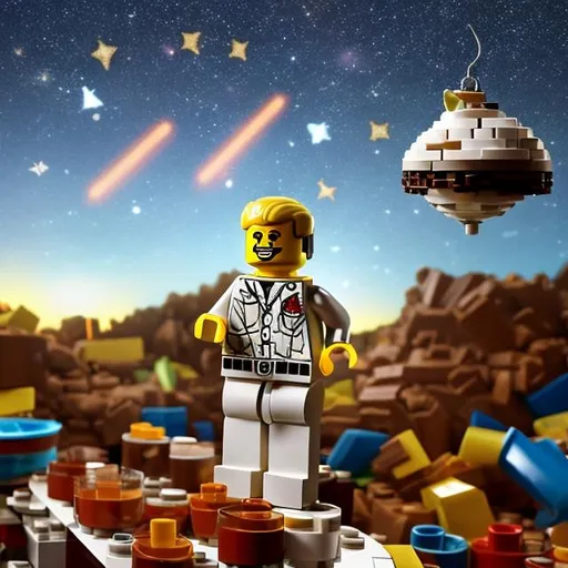 Prompt: Lego man eating a sandwich floating on a giant Eagle Rock disco lights and shooting stars