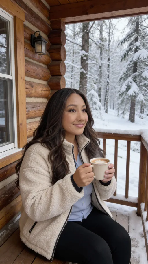 Prompt: woman sitting in front porch of log cabin in the snowy woods, sipping a hot cocoa wearing a cozy jacket. 