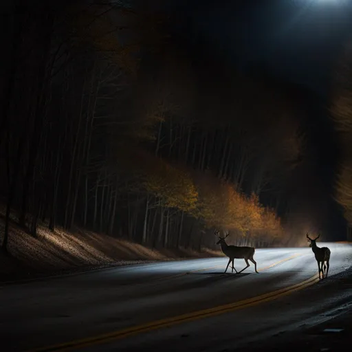 Prompt: A buck crossing the road at night. Headlights of oncoming vehicle shining on him