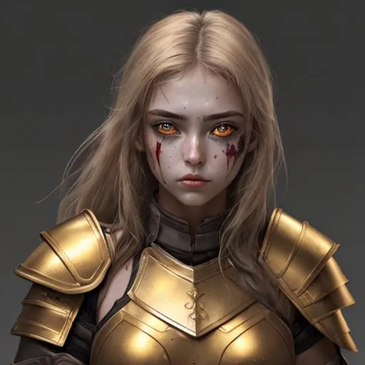 Prompt: beautiful young woman with sad golden eyes and a bruised face, wearing half-plate armor with an exposed, bruised midriff