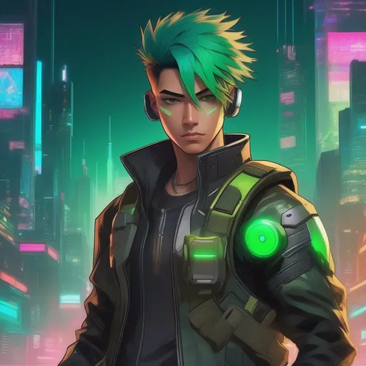 Prompt: Picture shows a 19 year old male full body image with green hair. He is a cyborg and has a cyberpunk LED eye visor. He is holding two cyberpunk guns in his hands and facing the viewer with a smirk. He is wearing an army vest, black shirt  and brown track pans. The background is of a cyberpunk, futuristic city. It will be of the highest quality, best quality, HD, vibrant colours and best art.
