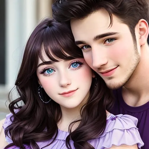 Prompt: Young couple in love-Woman wearing a purple dress,  with a young man with dark hair, facial closeup