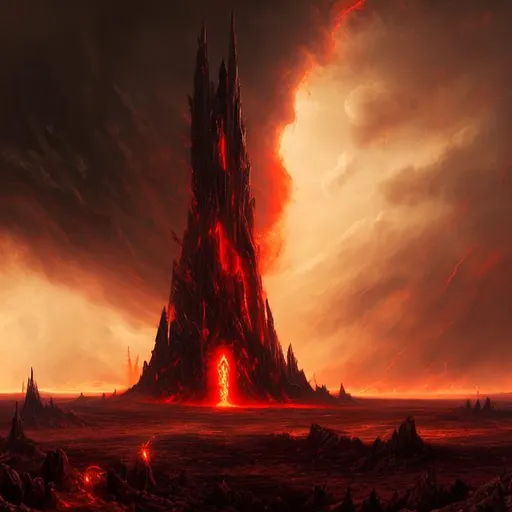 Prompt: An epic and realistic depiction of a massive black tower standing on a desolate wasteland, with a pillar of red energy ascending into a massive storm.