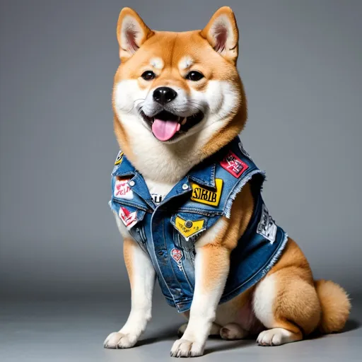 Prompt: shiba inu wearing a heavy metal music denim vest with patches
