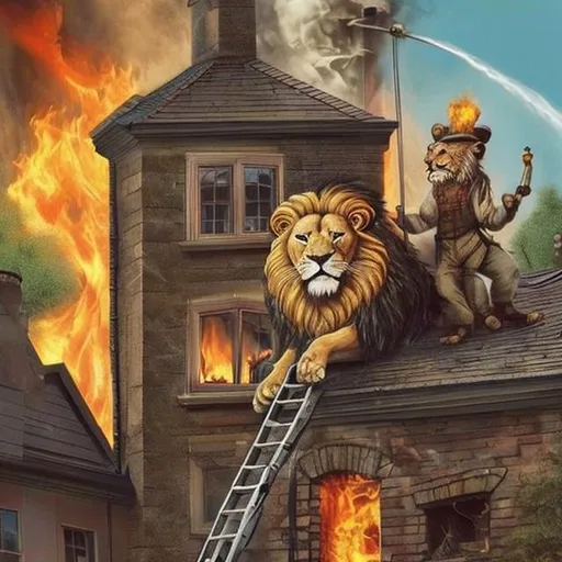 Prompt: lion climbing on ladder that’s up against a house a the chimney is on fire. The lion also is dressed like a chimney sweep