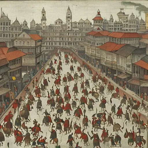 Prompt:  busy rush hour on the hot streets of Kolkata in the mid 1590's

