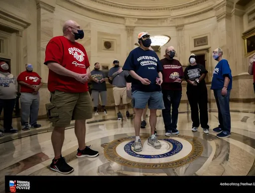 Prompt: Photo of 3 or 4 older caucasian US Senators, dressed in shorts and hoodies, holding a press conference in the capitol rotunda, AP photo.