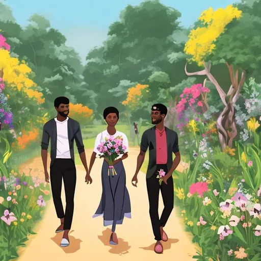 Prompt: Artwork showing 2 dashing black men in their early 20s both holding flower walking to two woman sitting by the roadside with flowers everywhere