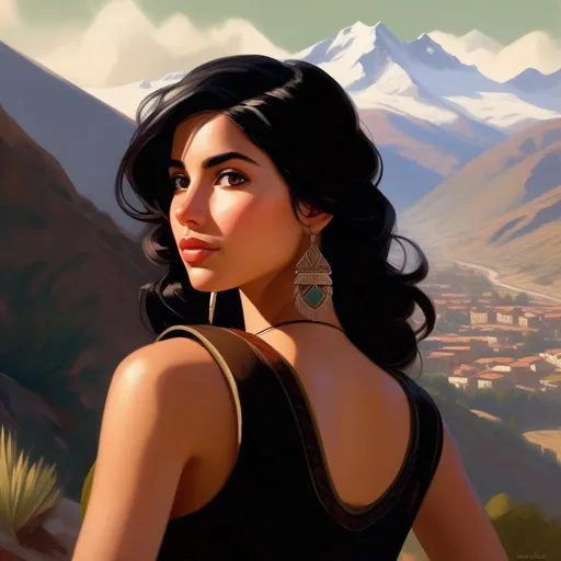 Prompt: Third person, gameplay, Chilean girl, pale olive skin, black hair, brown eyes, Santiago, Andes mountains in the background, cool atmosphere, cartoony style, extremely detailed painting by Greg Rutkowski and by Henry Justice Ford and by Steve Henderson 

