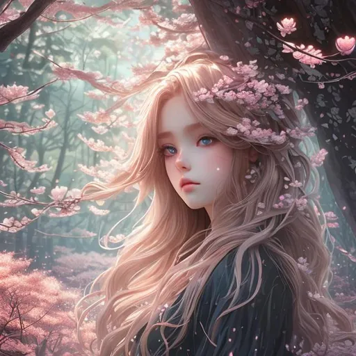 Prompt: (masterpiece) (highly detailed) (top quality) (anime style) goddess of forest, instagram able, 1girl, reflections, depth of field, 2D illustration, professional work (cinematic shot)long hair, blonde hair, centered shot from below, dark blue eyes, cherry blossom forest.