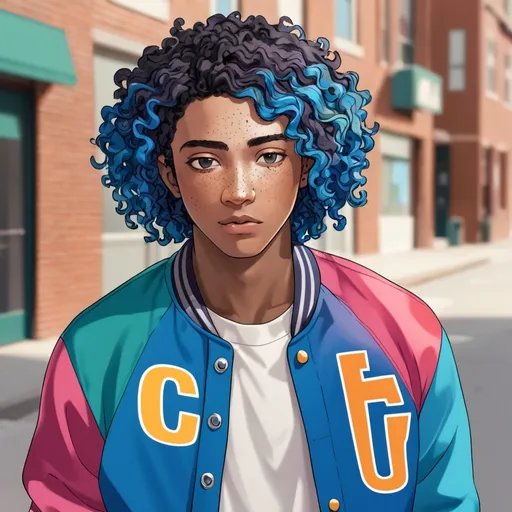 Prompt: Young black man with colorful blue curly hair. Letterman jacket. Freckles