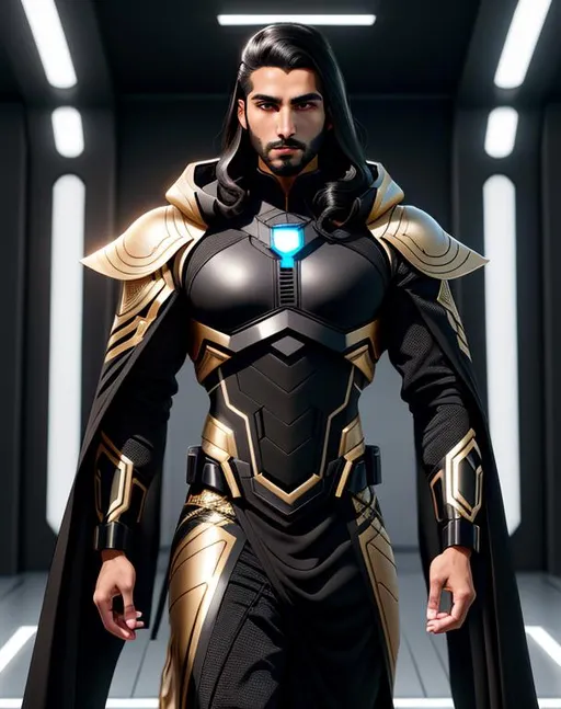 Prompt: perfect composition, {25 year old}, lean tan skinned {arab man}, wearing futuristic {black future tech robes}, {long brunette and black hair}, {hazel eyes}, extra masculine, peak fitness, determined expression, looking at viewer, 8k eyes, detailed face, wlop, stanley artgerm lau, artstation, hd, octane render, hyperrealism intricate details, 8k, cinematic volumetric light, proportional, art trending on artstation, sharp focus, studio photo, intricate details, highly detailed, intricate artwork masterpiece, ominous, intricate, epic, trending on artstation, highly detailed, vibrant, production cinematic character render, ultra high quality model, 