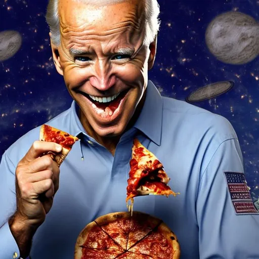 Prompt: Joe Biden creepy smile eating pizza floating in space.