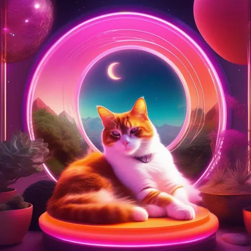 Prompt: (Masterfully crafted Glow, pink lens flare:1.1) an orange house cat with cybernetic limbs, sleeping in a magic circle, terrarium, vivarium, Orgonite pyramids with chrome accents, Mushroom Cloud, a pink backdrop,
