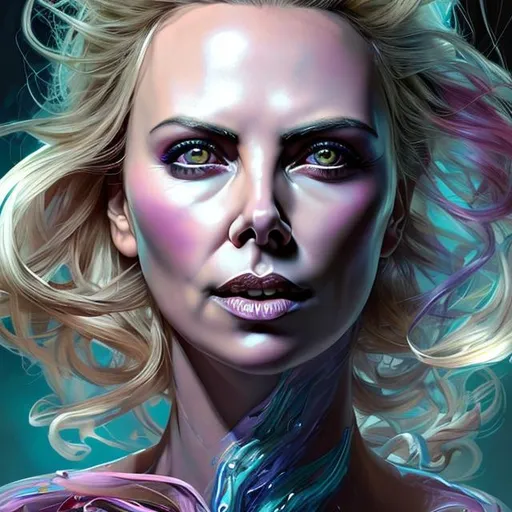 Prompt: "hyperdetailed portrait of 
Charlize Theron as delirium of the endless, colourful make up, the sandman, made by caravaggio stanley artgerm lau wlop rossdraws artstation cgsociety concept art cgsociety octane render"