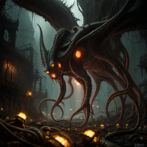 dark fantasy, lovecraft horror, squid hybrid, glowin... | OpenArt