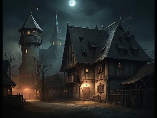 Prompt: Warhammer fantasy rpg style buildings eerie atmosphere night