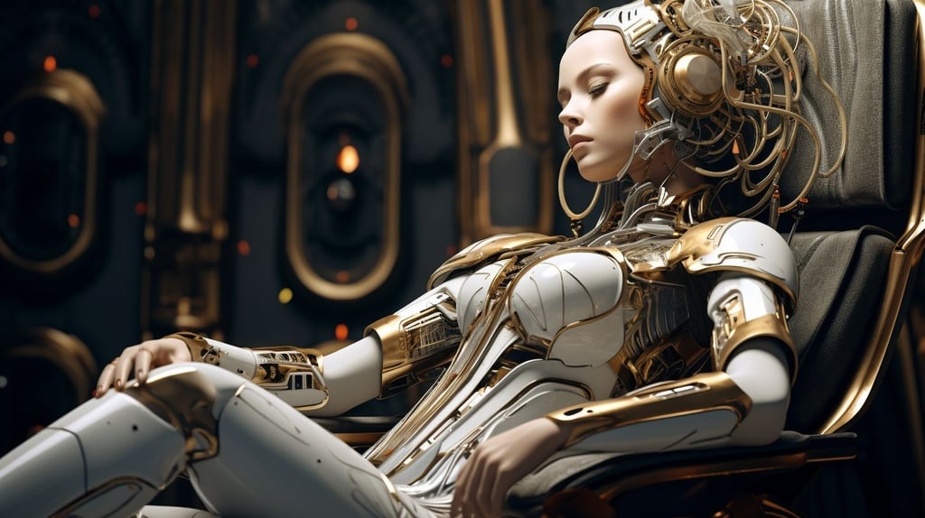 Prompt: futuristic robot girl laying on a chair, in the style of 8k resolution, intricate costumes, android jones, epic portraiture, unreal engine 5, gray and gold, solarizing master
