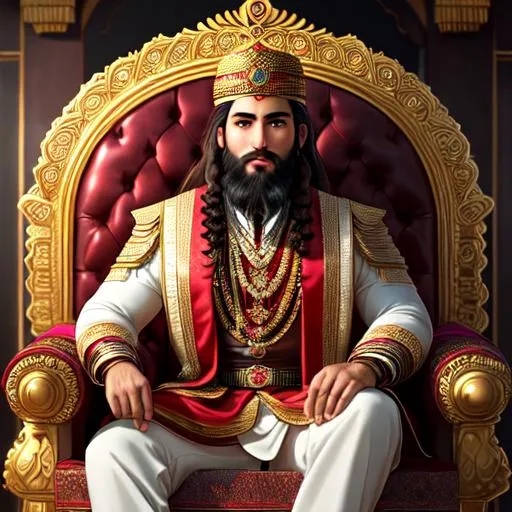 Prompt: Mislim Young mughal king sitting on chair, braided dark brown hair, Beard,brown eyes, smooth forehead, symmetrical, highly detailed body, perfect composition, hyperrealistic, super detailed, 8k, high quality, Splash art, front, epic Instagram, artstation, hyperdetailed intricately detailed, unreal engine, intricate detail, complementary colors, 8k, heavy strokes, full height, full body,