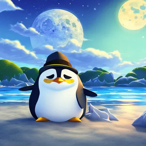 Prompt: Anime draw of a Penguin under the moon on the beach 3d 