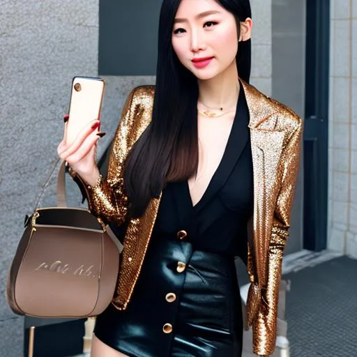 Prompt: upskirt photoshoot of a ((standing)) strong independent attractive ((arrogant)) asian (((boss babe))), wearing bronze jacket, white shirt, and short leather mini skirt, holds an expensive bag on one hand, and a smartphone in another hand, proud feminine, female empowerment, anatomically correct, detailed hands, detailed fingers, (((detailed face))), strong makeup, cute big eyes, big red lips, perfect anatomy, facial symmetry, by Kyoto Animation, Artgerm, Tsuaii, Krenz Cushart, Ilya Kuvshinov, Ross Tran, trending on artstation, 4k, UHD, photorealism, ultra realist, realistic, cinematic lighting, rendered by octane, high quality, masterpiece