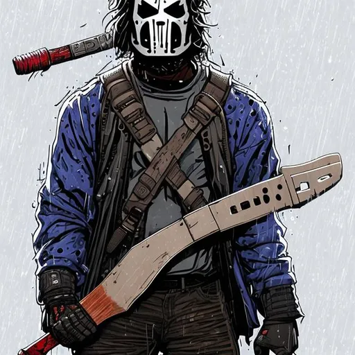 Casey Jones wearing hokey mask dark ally raining ful... | OpenArt