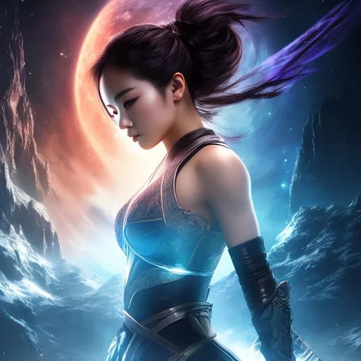 Prompt: create photograph of beautiful female ninja who is wearing white,  night time and beautiful sky  space and planets an nebulae in sky highly detailed, detailed face, extremely detailed environment, extremely detailed background, extremely detailed skin, extremely detailed clothing, natural colors , professionally color graded, photorealism, 8k, realistic, moody lighting, galactic environment, volumetric lighting