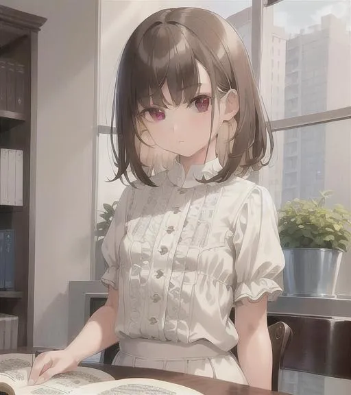 Prompt: (masterpiece, illustration, best quality:1.2), 1girl, solo, (petite body, white blouse, dark brown shorts:1.3), short intricate hair, stray hairs, no bangs, looking at books, playful demeanor, brown shorts, ruffles, foggy grey eyes, white hair, finely detailed, detailed face, toned face, beautiful detailed eyes, beautiful detailed shading, beautifully detailed background, warm atmosphere 