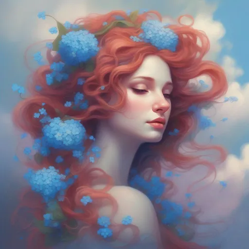 Prompt: A beautiful and colourful Persephone whose hair is made of clouds that rains down forget-me-not flowers in a painted style