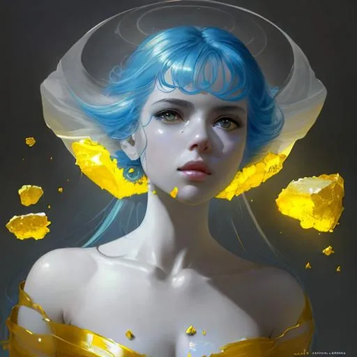 Prompt: queen in yelow crystal geode, sheer white cloth falling down around her, her skin was made of bleu crystal, by artgerm, alessio albi, fabian perez, pino daeni, karol bak, cushart, wlop, craig mullins, peter mohrbacher, daniel f gerhartz, malcolm liepke