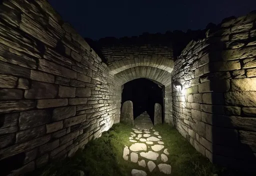 Prompt: medieval stone wall at night with entrance that has a sign above.  undead walk around 
