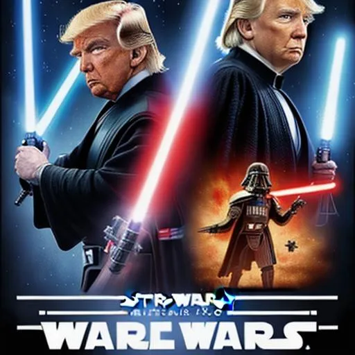 Prompt: star wars movie poster: Donald Trump vs. Obama. Donald Trump is a master Jedi with a blue lightsaber. Obama is a sith lord and is wearing a dark cloak
