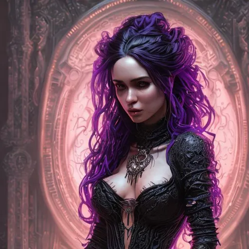 Prompt: A hyper realistic detailed full body image of a sitting feminine ((sexy woman)) who has ((glowing purple in eyes)), ((black in hair)) with ((sexy outfit)) with a plunging neckline, jewelry set, balayage wild hair, throne, highly detailed, digital painting, Trending on artstation, HD quality, ((Yennefer)), ((by Prywinko)), ((huge breast)), ((sexy)),