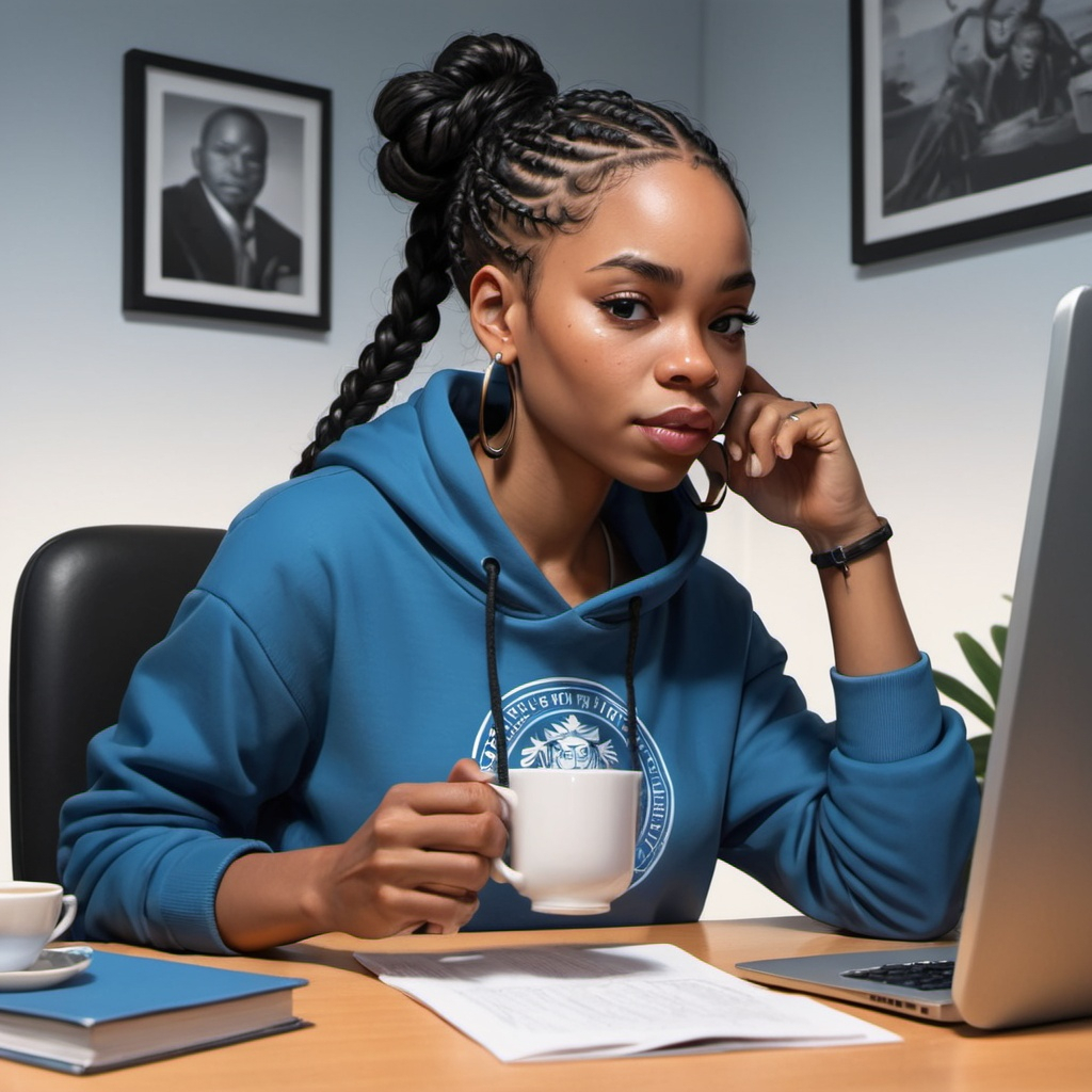 Image AI: Open Art: Illustration character A Black African American woman has her hair in braids. She sitting at her desk with a cropped hoodie on black&blue while working while she drinks a cup of tea.