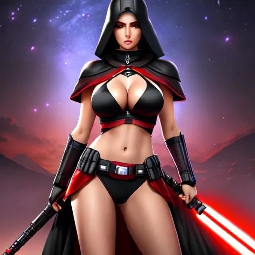 Prompt: darth revan, female ,cinematic  full body shot, symmetrical perfect face, (large breast), perfect body, perfect skin, perfect Bright eyes, highly detailed, energetic