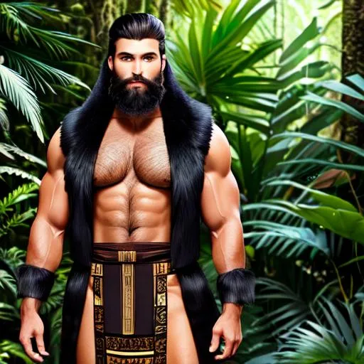 Prompt: A tall and muscular tan man wearing ancient tribal fur robes. short black hair, long bushy beard, blue eyes. in a rainforest