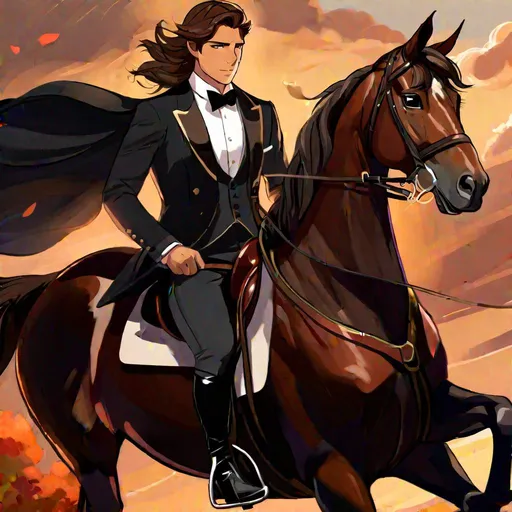 Prompt: Caleb  as a demon horse hybrid (brown hair) (brown eyes) wearing a tuxedo, full body, riding a horse