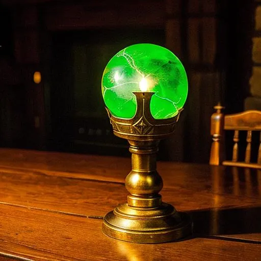 Prompt: green flame orb on wooden table in a medieval castle