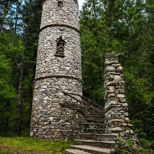 Prompt: Stone medieval tower in forest photo